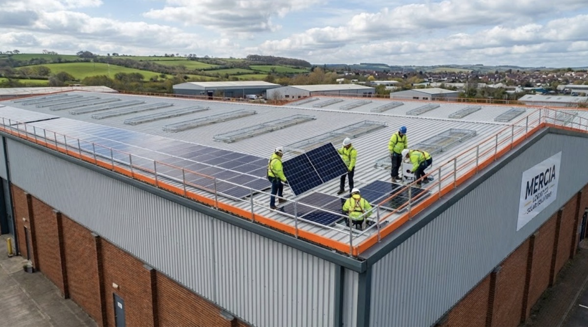 Solar panels being installed on the commercial roof for this project